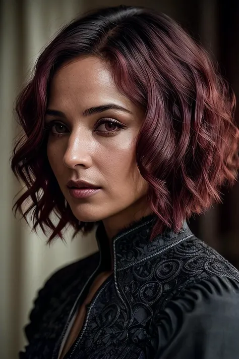 beautiful woman (A4rt1M4nn:.99), (( Short burgundy curly pixie hairstyle :1.2)) , ((portrait)), (closeup:1.2), ((from the waist up)), ((( The Valley of the Damned :1.2 ))), natural skin texture, ((dark black eyeliner:1.2)), (( Tuxedo-inspired dress :1.2)), 24mm, 4k textures, soft cinematic light, adobe lightroom, photolab, hdr, intricate, elegant, highly detailed, sharp focus, ((((cinematic look)))), soothing tones, insane details, intricate details, hyperdetailed, low contrast, soft cinematic light, exposure blend, hdr, faded, now, ("I've got a bad feeling about this.":1.1)