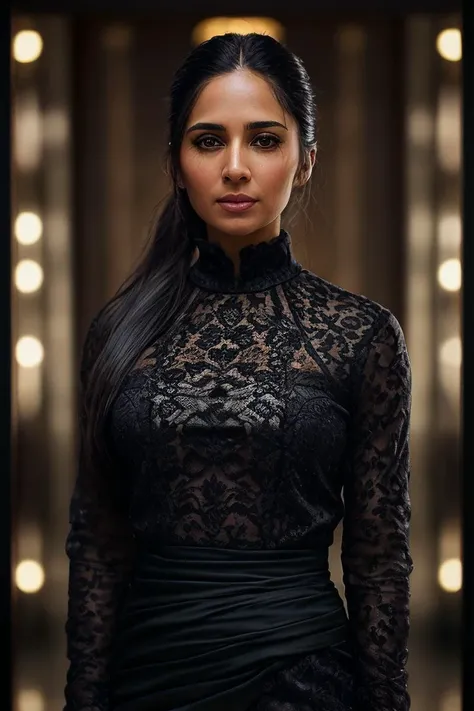 beautiful woman (A4rt1M4nn:.99),  (( low_ponytail:1.2))  , ((portrait)), (closeup:1.2), ((from the waist up)), (((  step and repeat banner at a ceremony:1.2 ))), natural skin texture, ((dark black eyeliner:1.2)),  ((  Crepe Dress :1.2)), 24mm, 4k textures, soft cinematic light, adobe lightroom, photolab, hdr, intricate, elegant, highly detailed, sharp focus, ((((cinematic look)))), soothing tones, insane details, intricate details, hyperdetailed, low contrast, soft cinematic light, exposure blend, hdr, faded, now, ("I've got a bad feeling about this.":1.1)
