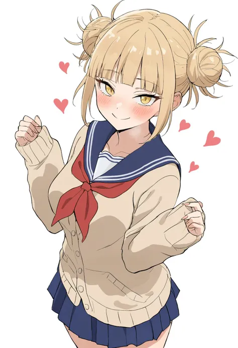 masterpiece, best quality, r-e-l-o-a-d, camonome, sincos, <lora:togavx01:0.8>, t0g4vx, 1girl, blonde hair, blue sailor collar, blue skirt, blunt bangs, blush, cardigan, double bun, fingernails, food, hair bun, heart, long fingernails, long sleeves, looking at viewer, messy hair, neckerchief, pleated skirt, red neckerchief, sailor collar, school uniform, short hair, skirt, sleeves past wrists, slit pupils, smile, solo, sepia cardigan, yellow eyes, white background, ass, simple background