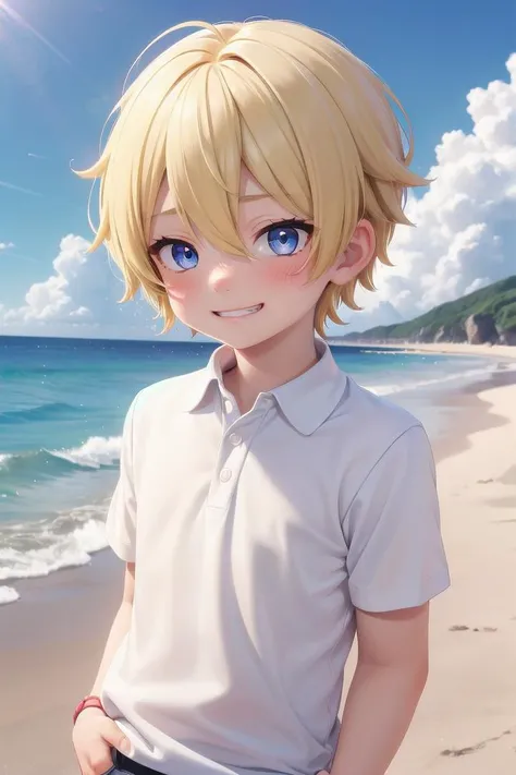 (1boy:1.4), (very short hair), crew cut, (solo:1.4), sfw, (bulge:0.4), male character, ((masterpiece)),
multicolored background, hair between eyes, highlight in eyes, (blonde hair:1.4)
(white polo shirt :1.4), short pants, colorful eyes, male character,( blush:1.2),
multiple details, sky, sea, beach , outside, short hair, handsome, beautiful eyes (vocaloid), delicate features, high light in eyes, (narrow chin:1.5), triangle chin, (introvert:1.6)
petite, young, juvenile, short hair, male face, detailed beautiful boy, adorable boy, sparkling eyes,
evil grin, energetic eyes