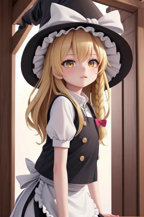 <lora:marisa:0.7> 1girl, blonde hair, witch hat, yellow eyes, long hair, vest,apron, bow, short sleeves, hat bow, braid, puffy sleeves, skirt, kirisame marisa,
wooden shrine,
The soft lighting and detailed surroundings create an immersive environment where imagination runs wild hyper-detailed, hyper-detailed face, high quality visuals, dim Lighting, sharply focused, octane render, 8k UHD