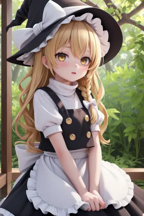 <lora:marisa:0.7> 1girl, blonde hair, witch hat, yellow eyes, long hair, vest,apron, bow, short sleeves, hat bow, braid, puffy sleeves, skirt, kirisame marisa,
wooden shrine,
The soft lighting and detailed surroundings create an immersive environment where imagination runs wild hyper-detailed, hyper-detailed face, high quality visuals, dim Lighting, sharply focused, octane render, 8k UHD