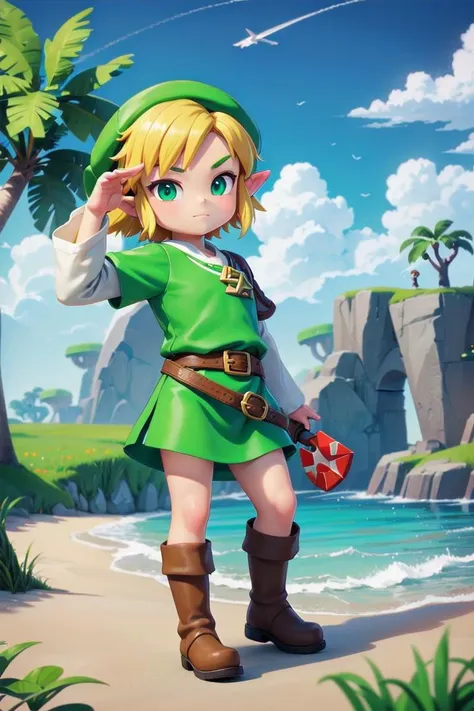 1 boy,more details in eyes,cute,looking at viewer, adorabel boy,cute face,details sky,handsome,young,juvenile,((masterpiece:1.4,best quality)),multiple details,colorful hair,eyeshadow,sfw,
toon link, green pointy headwear, blonde hair, short hair, white leggings, (green tunic:1.4),(long tunic:1.4), brown boots, belt buckle, green skirt, long sleeves, full body, ocean, caustics, beach
<lora:toon_link-V1:0.4>, chibi,
(draw it in the legend of zelda wind waker style:1.2)