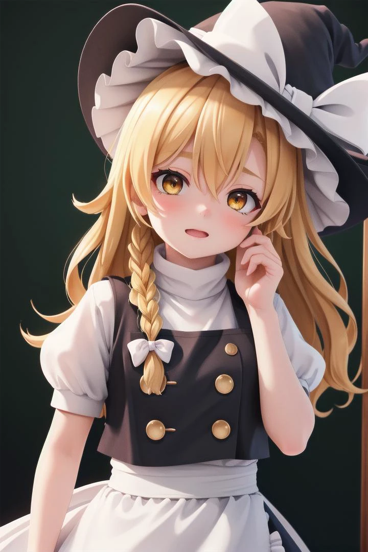 <lora:marisa:0.7> 1girl, blonde hair, witch hat, yellow eyes, long hair, vest,apron, bow, short sleeves, hat bow, braid, puffy sleeves, skirt, kirisame marisa,
wooden shrine,
The soft lighting and detailed surroundings create an immersive environment where imagination runs wild hyper-detailed, hyper-detailed face, high quality visuals, dim Lighting, sharply focused, octane render, 8k UHD