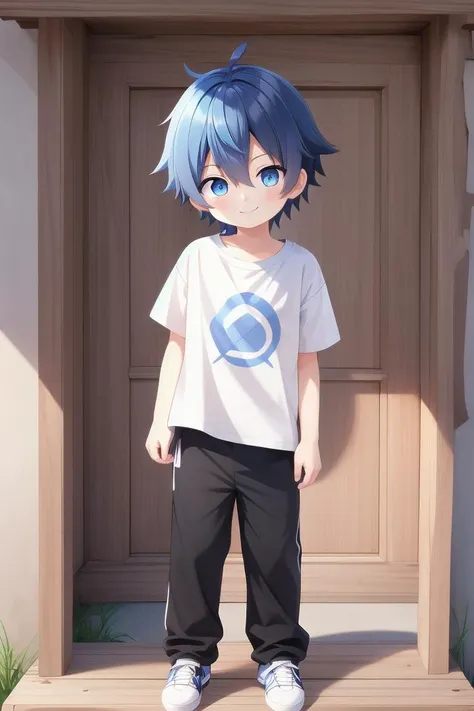 <lora:cutifiedanimecharacterdesign_variant_type_A_SD_v10:0.7>
one boy standing alone in a wooden village, his eyes and hair are blue, his hair is short, he is wearing a white t-shirt and black box pants, outside,
full body, looking at viewer, smile,