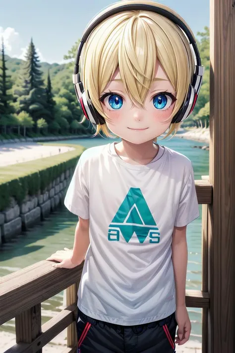 (1boy:1.4), looking at viewer, hair between eyes, highlight in eyes, male focus,
crew cut, (blonde hair), blue eyes, ((masterpiece)), blue headphones,long pants,
multiple details, sky, forest, handsome, medium close up, (t shirt:1,4),
beautiful eyes, delicate features, high light in eyes, smile, triangle chin,
petite, young, juvenile, detailed beautiful **********, adorable boy, sparkling eyes,
ultra detailed eyes, ultra detailed face,
<lora:aoki_sd_v10:0.5> aoki