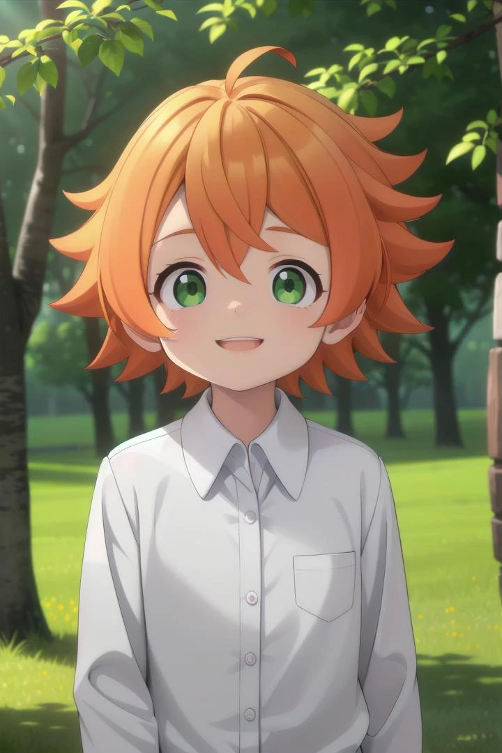 <lora:the-promised-neverland-emma-sd15-V10:0.6>
a 11-year-old girl neverland_emma standing on a beautiful green field with trees in the background, she has green eyes, short hair and wears a long sleeved white collared shirt, she has orange hair she has a bright smile, the sun is setting, The soft lighting and detailed surroundings create an immersive environment where imagination runs wild hyper-detailed, hyper-detailed face, high quality visuals, dim Lighting, sharply focused, octane render, 8k UHD
