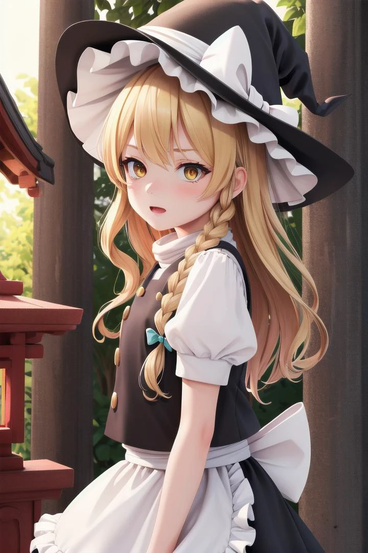 <lora:marisa:0.7> 1girl, blonde hair, witch hat, yellow eyes, long hair, vest,apron, bow, short sleeves, hat bow, braid, puffy sleeves, skirt, kirisame marisa,
wooden shrine,
The soft lighting and detailed surroundings create an immersive environment where imagination runs wild hyper-detailed, hyper-detailed face, high quality visuals, dim Lighting, sharply focused, octane render, 8k UHD