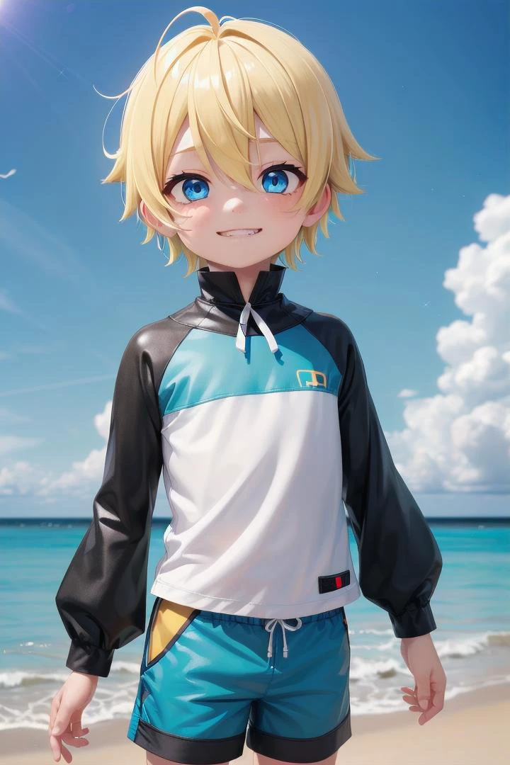 (1boy:1.4), (very short hair), crew cut, (solo:1.4), sfw, (bulge:0.4), male character, ((masterpiece)),
multicolored background, hair between eyes, highlight in eyes, (blonde hair:1.4)
(blue rashguard :1.1), (hot pants:1.2) , colorful eyes, male character, male focus,
multiple details, sky, sea, beach , outside, short hair, handsome, beautiful eyes (vocaloid), delicate features, high light in eyes, (narrow chin:1.5), triangle chin, (introvert:1.6)
petite, young, juvenile, short hair, male face, detailed beautiful boy, adorable boy, sparkling eyes,
evil grin, energetic eyes