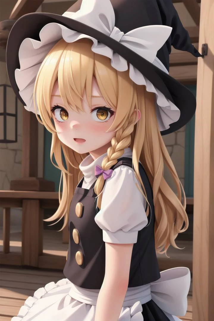 <lora:marisa:0.7> 1girl, blonde hair, witch hat, yellow eyes, long hair, vest,apron, bow, short sleeves, hat bow, braid, puffy sleeves, skirt, kirisame marisa,
wooden shrine,
The soft lighting and detailed surroundings create an immersive environment where imagination runs wild hyper-detailed, hyper-detailed face, high quality visuals, dim Lighting, sharply focused, octane render, 8k UHD