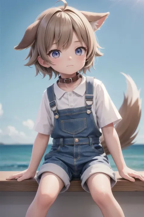 1 boy,more details in eyes,cute,looking at viewer, adorabel boy,cute face,details sky,handsome,young,juvenile,((masterpiece:1.4,best quality)),multiple details,colorful hair,sfw, dog ears, dog tail, dog collar, brown collar, shorts shortalls, beige hair, begin tail, more details in metal, more details in collar, more details in shortalls