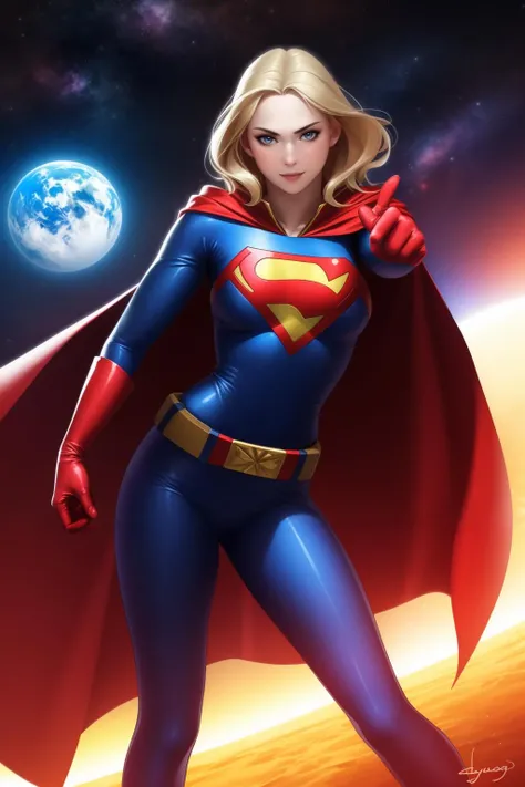 jeehyung lee style, 1girl, solo, looking at viewer, blue eyes, blonde hair, gloves, belt, cape, bodysuit, clenched hands, realistic, red cape, space, planet, superhero,
absurdres, hdr, 4k, best quality, masterpiece, <lora:jeehyungleestyle50plusface-000001:0.75>
