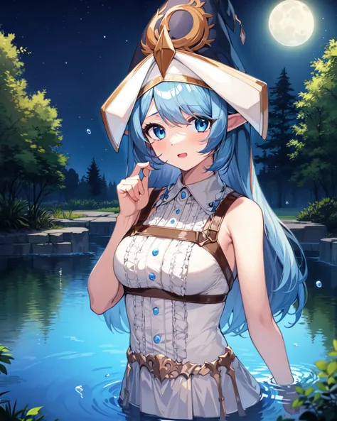 1girl, blue hair, blue eyes, elf ears, wizard hat, white dress, cowboy shot, outdoors, forest, half-submerged, pond, water, night sky, moon, 
<lora:enchantressunprunedv2-000006:1>