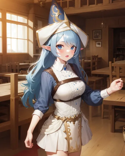 1girl, blue hair, blue eyes, elf ears, wizard hat, white dress,
indoors, tavern, wooden interior, rpg,
<lora:enchantressunprunedv2-000006:1>