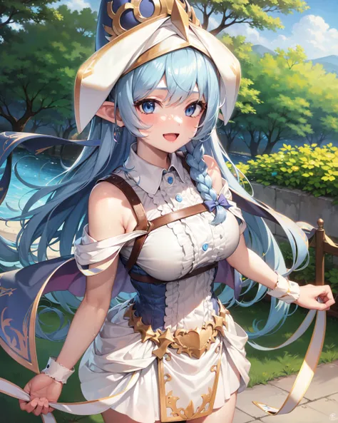 1girl, blue hair, blue eyes, elf ears, wizard hat, white dress, :D
<lora:enchantressunprunedv2-000006:1>