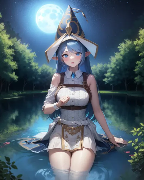 1girl, blue hair, blue eyes, elf ears, wizard hat, white dress,
cowboy shot, outdoors, forest, half-submerged, pond, water, night sky, moon, thighs,
<lora:enchantressunprunedv2-000006:1>