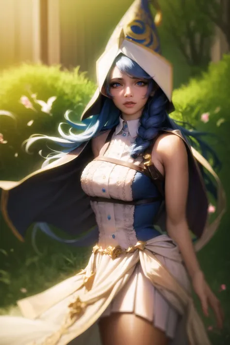 (backlighting), realistic, masterpiece, highest quality, lens flare, shade, bloom, [[chromatic aberration]], by Jeremy Lipking, by Antonio J. Manzanedo, digital painting,

absurdres, 1girl, blue hair, blue eyes, elf ears, wizard hat, white dress, 

in a  park,

<lora:WaterEnchant:1>