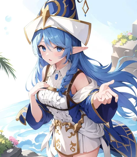 masterpiece, best quality, 1girl,, <lora:waterEnchantressOfThe_e6:1>, enchantress, blue hair, blue eyes, elf ears, wizard hat, white dress