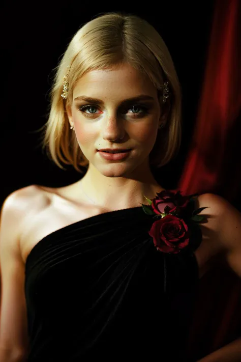 Photo of a woman wearing a (long black formal dress with off shoulder and red lace trim, glitter, subtle make-up), standing on red carpet ((at night)),  paparazzi, Flashbulbs, crowded audience in Background, long blonde hair,  looking into the camera, posing for the camera,(laughing), rosemciver, <lyco:RoseMcIver:1.0>, (masterpiece, best quality, ultra-detailed, best shadow), high contrast, (best illumination), ((cinematic light)), colorful, hyper detail, dramatic light, intricate details, (1 girl, solo) , ultra detailed artistic photography, dreamy, backlit, shadows, ultra high definition, 8k, ultra sharp focus, ultra high quality model, soft lighting, film photography, analogue photography, hyperrealism,, ((sharp face, detailed face, realistic face, naturtal skin, realistic skin, detailed skin, pores, detailed eyes,realistic eyes)),