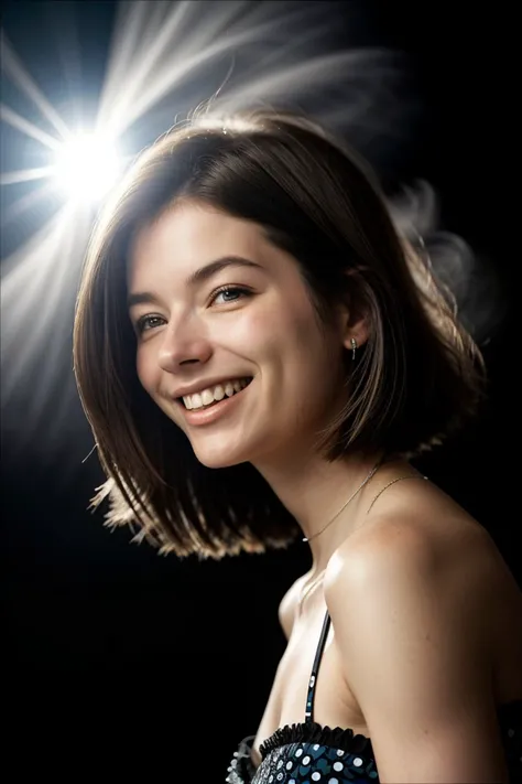 (low angle, closeup on face:1.2) of photo of <lora:sd15_PatiTonin_locon_24_v1-000006:.9> PatiTonin, smiling, from behind, she is wearing morning glory print tube top , her hair is styled as textured lob, BREAK she is (in yellowstone national park:1.1), light beams streaming through haze, Voigtlnder Nokton 50mm f1.1 ,overexposed, in the style of Lee Friedlander