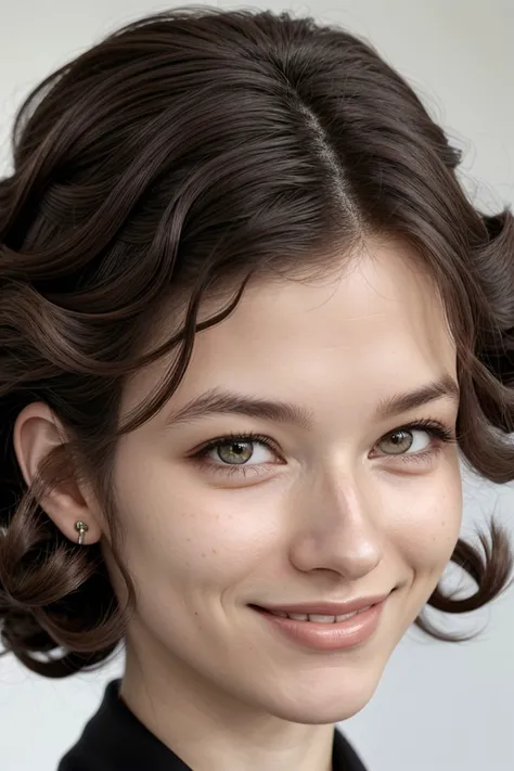 photo of <lora:sd15_PatiTonin_locon_24_v1-000006:.9> PatiTonin, focus on eyes, close up on face, smile, hair styled as big curls hair,