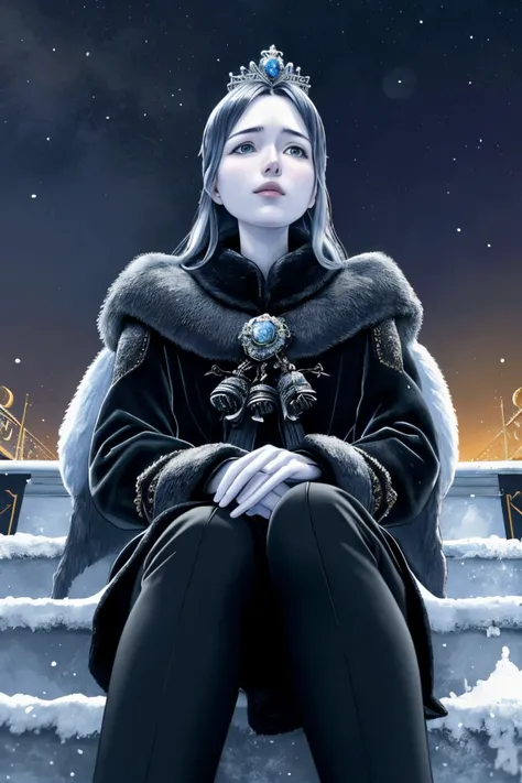 realistic photo of <lora:sd15_PatiTonin_locon_24_v1:.9> PatiTonin, portrait, focus on character, looking up, solo, half shot, detailed background, detailed face, (cold arctic russian winter theme:1.1), royal imperial monarch, aristocratic, floating particles, light particles, sitting on stairs, deck of royal ocean ship background, symmetrical composition, sidelighting, cinematic atmosphere, royal crown,