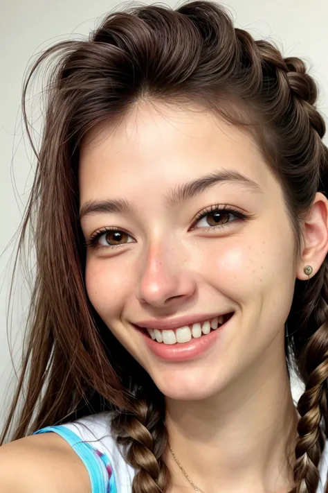 photo of <lora:sd15_PatiTonin_locon_24_v1:.9> PatiTonin, focus on eyes, close up on face, huge smile, hair styled as multi-braid hair,