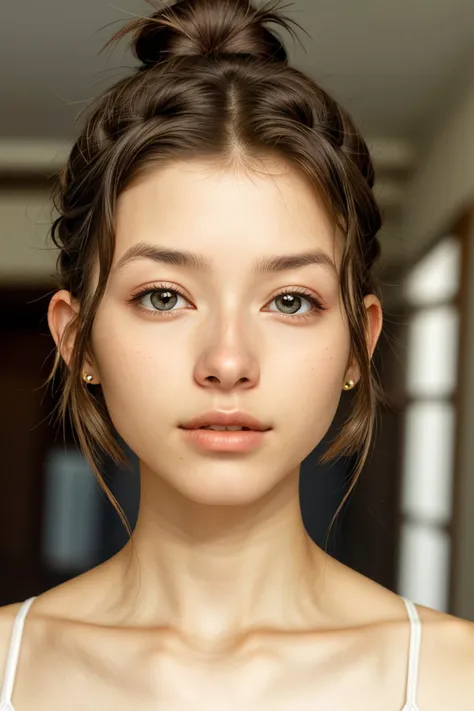 photo of <lora:sd15_PatiTonin_locon_24_v1:.9> PatiTonin, focus on eyes, close up on face, hair styled as Low Bun with Curly Hair, vignette