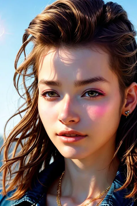 photo of <lora:sd15_PatiTonin_locon_24_v1:.9> PatiTonin, focus on eyes, close up on face, wearing jewelry, hair styled as Faux Hawk with Curly Hair, lens flare
