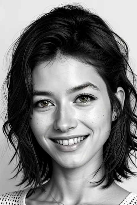 monoprint style, unique, textured, painterly, highly detailed, photo of <lora:sd15_PatiTonin_locon_24_v1:.9> PatiTonin, focus on eyes, close up on face, smiling, hair styled as wavy lob hair, black and white