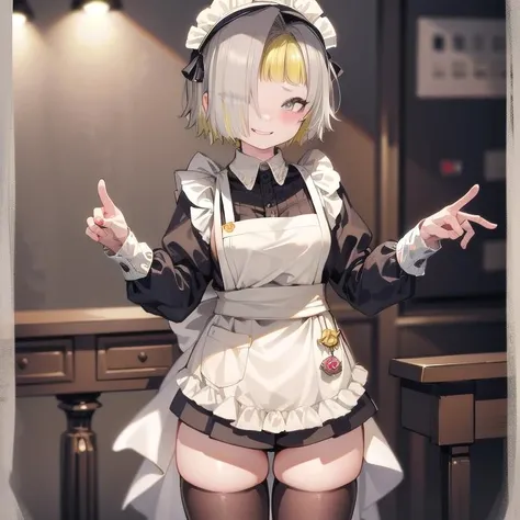 highest quality、masterpiece、((1 girl:1.5))、((smile:1.3))、(blush:1.4)、Black Shirt、blouse、((fun!!))、(Small breasts)、()、Blonde、(Long sleeve)、((White apron:1.5))、((Maid))、((hair ornaments)),、Kamimei、look at me、 ((in house:1.5))、 Taking a break from watching the audience、Cowboy Shot、((Shaved:1.5))、(Roll-up skirt:1.3)、(Fully exposed and highly detailed labia:1.5)、((Skirt lift:1.5)),()、()、、(スカート that rolls up:1.3)、()、Light blue eyes、long hair、Glowing Eyes