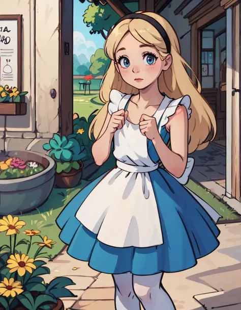 score_9, score_8_up, score_7_up, score_6_up, score_5_up, <lora:AliceInWonderlandXLPony_character:0.8> AliceWaifu, blue eyes, blue dress, white pantyhose, apron, black hairband, garden, blonde, sexy pose, <lora:FlatAnimePony:0.8>
