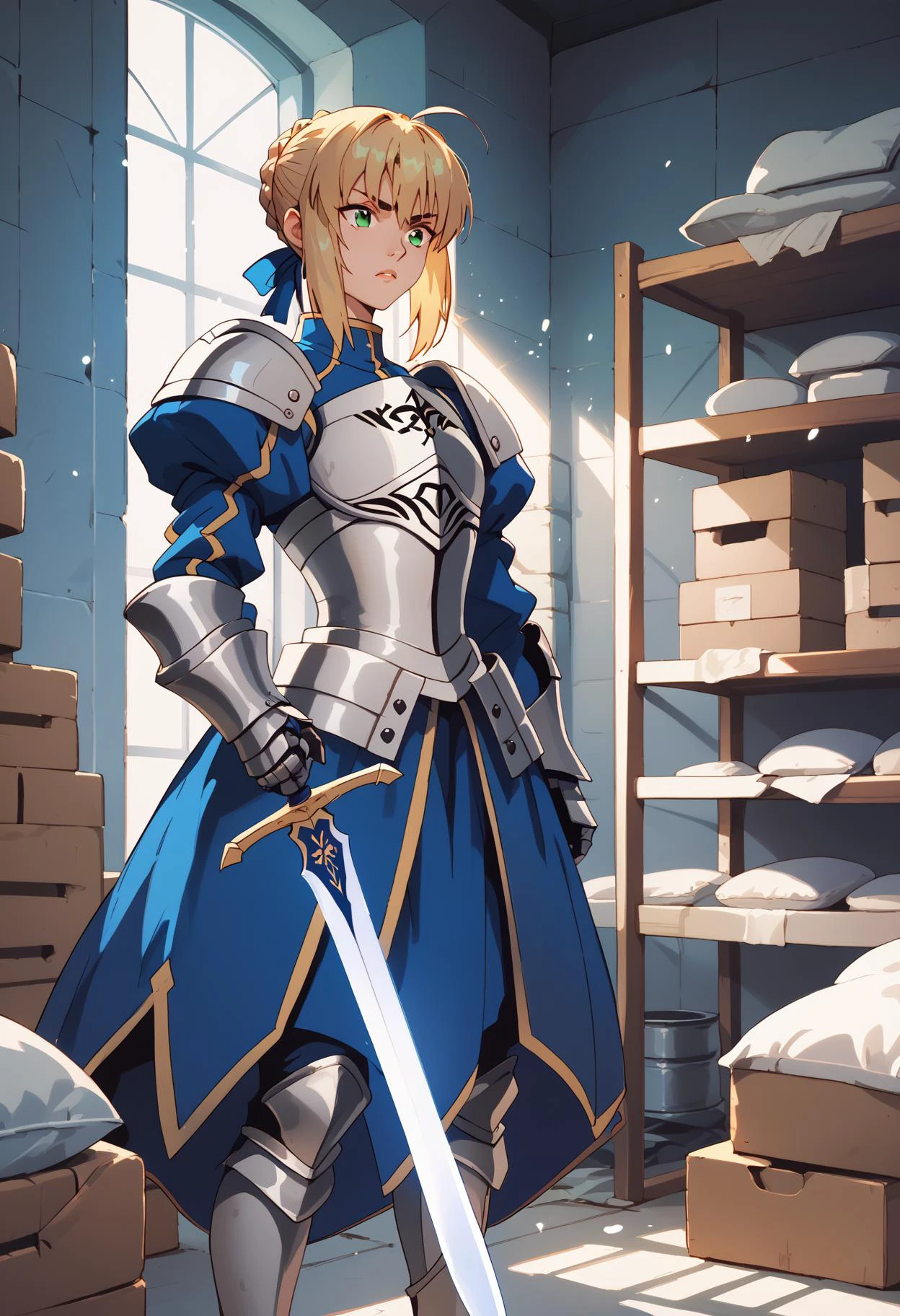 score_9, score_8_up, score_7_up <lora:golden-boy-ponyxl-000025:0.8> <lora:KatounPony:0.5> artoria pendragon \(fate\), saber, armor, sword,
1girl, gym storeroom, indoors, sunbeam, light particles