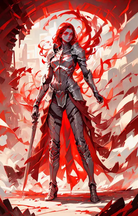 score_9,score_8_up,score_7_up, hyperrealistic woman standing, beautiful female, muted colored bodysuit, (medival armor:0.8), full body, flat red color, (monochrome:1.2), red theme <lora:PastelAnimePony:1>