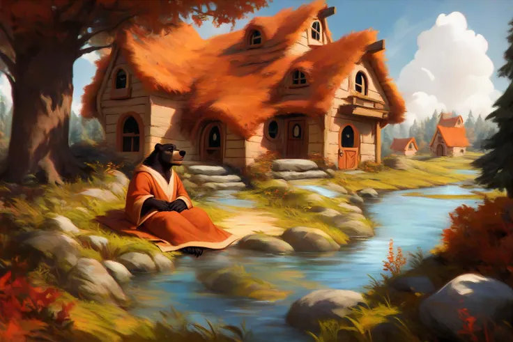 score_9, score_8_up, score_7_up, source_furry, man sitting on grass, bear furry, male furry, male focus, outdoors, sky, clouds, mage robe, cottage house, river <lora:LevoPony:1>