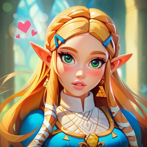 score_9, score_8_up, score_8, medium breasts, (32k, masterpiece:1.2),(high detailed skin:1.1),( high quality:1.1), (curvy), cute, eyelashes, princess zelda, solo, green eyes, long hair, green eyes, crown braid, hairclip, pointy ears, blue shirt, long sleeves, curvy, head tilt, hearts, blush, lips, curvy, head tilt, shiny clothes, upper body, looking at viewer, bokeh, luminescent background,
 <lora:(Pony) Artstyle TrianglePony:1>