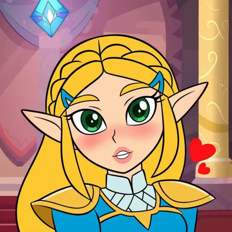 score_9, score_8_up, score_8, medium breasts, (32k, masterpiece:1.2),(high detailed skin:1.1),( high quality:1.1), (curvy), cute, eyelashes, princess zelda, solo, green eyes, long hair, green eyes, crown braid, hairclip, pointy ears, blue shirt, long sleeves, curvy, head tilt, hearts, blush, lips, curvy, head tilt, shiny clothes, upper body, looking at viewer, bokeh, luminescent background,
 <lora:(Pony) Artstyle Kim Possible Style:1>