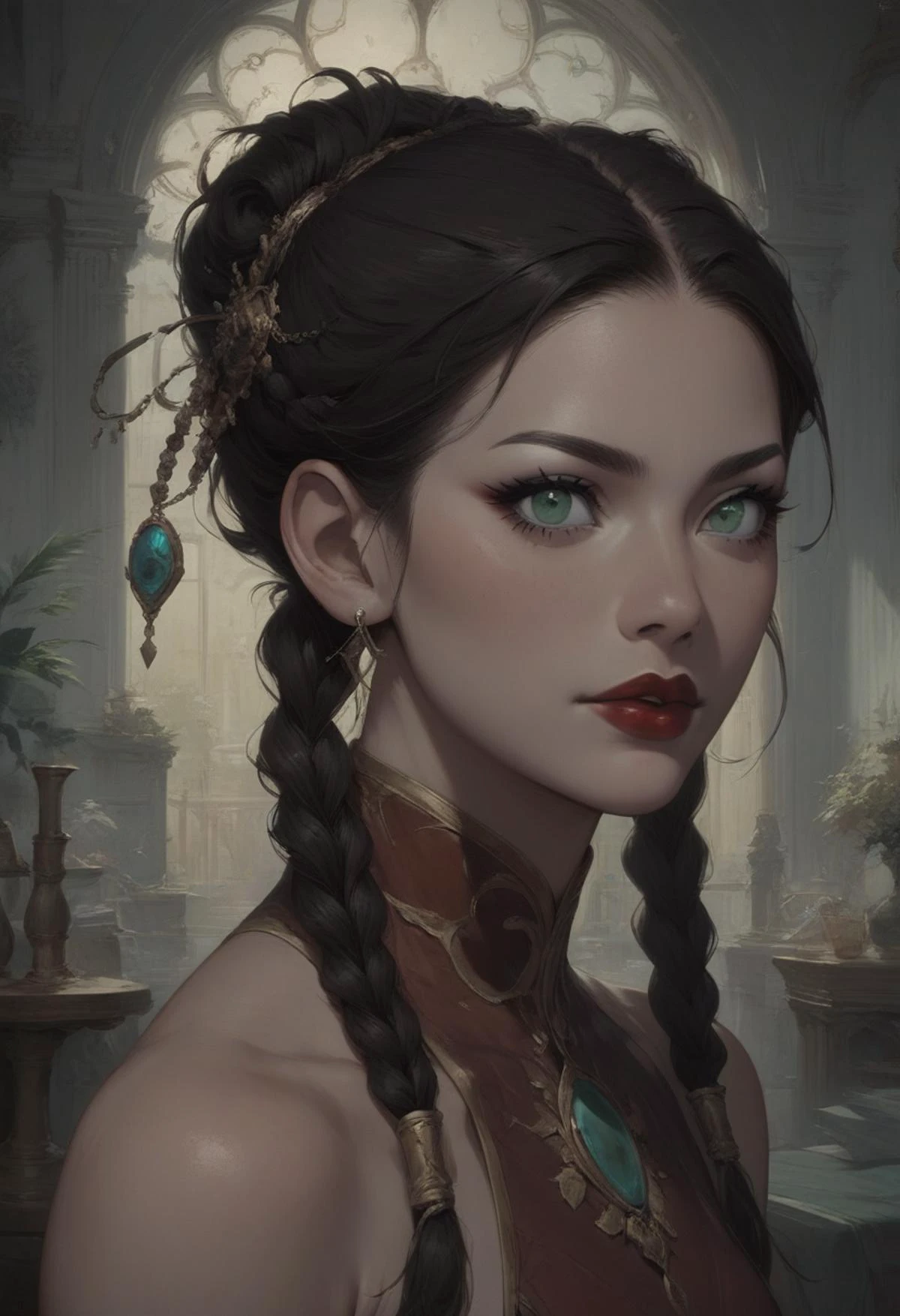 score_9, score_8_up, score_7_up, source anime, indoor, 1gril, dark brown hair, twin braids, hair back, black eyeshadow, red lips, green eyes, <lora:StS_detail_slider_v1:3> <lora:easynegative:1> <lora:Concept Art Eclipse Style LoRA_Pony XL v6:1> <lora:WasurePony:0.4>