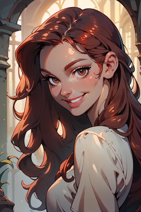 score_9, score_8_up, score_7_up, score_6_up, score_5_up, score_4_up, 1girl, androgynous, portrait, looking at viewer, brown eyes, beautiful eyes, smile, dimples, gauge, long hair, auburn hair, flat colors, sinozick style, <lora:Sinozick_Style_XL_Pony:.4> <lora:KatounPony:.65> <lora:Concept Art Eclipse Style LoRA_Pony XL v6:.8>