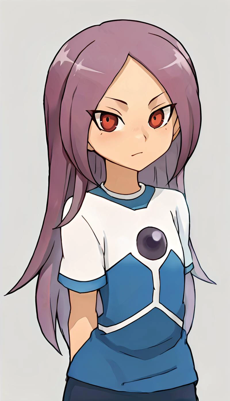 score_9, score_8_up, score_7_up, score_6_up, score_5_up, score_4_up, BREAK source_anime, 1girl, touchi ai, purple hair, long hair, orange pupils, red eyes, pose, looking at viewer, leaning forward, flat chest, white shirt, multicolored shirt, <lora:Touchi_Ai:1>,, <lora:GemuHentaiPony:0.8>, <lora:Lunas-Kairunoburogu-SDXL-A1:0.6>