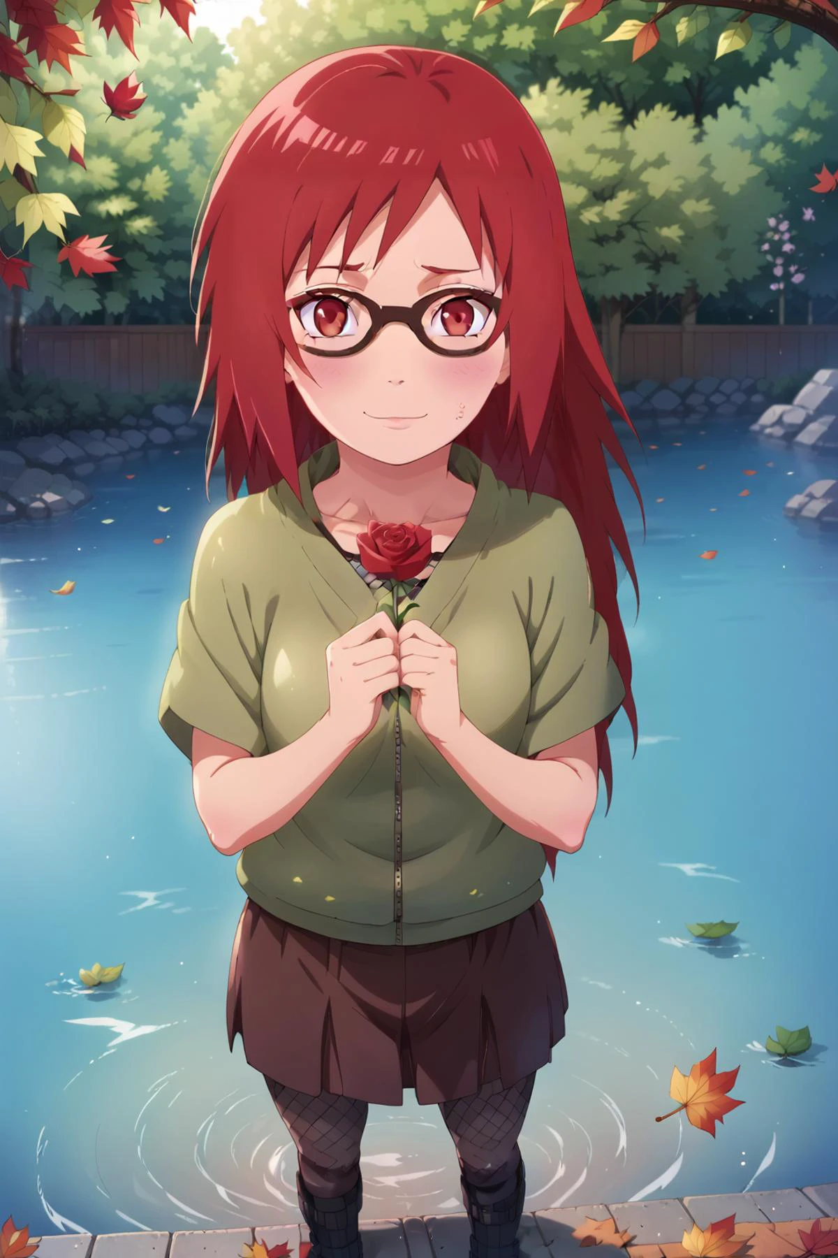 score_9, score_8_up, score_7_up, looking at viewer,
BREAK
colored_narutomanga_ownwaifu, female focus, 1girl, long hair, red hair, spiked hair, karin uzumaki, red eyes, glasses, shy, cute smile, happy, long sleeves, ninja ,
(sasuke uchiha chibi puppet laying besides her <lora:chibi-v1:1><lora:sasukenew:1> )
Fishnet top, fishnets, fishnet tights, green jacket zipped, short sleeves, brown skirt, skirt, kusagakure symbol, toeless footwear,
absurd res, perfect image, (flower_style:0.8
naruto manga cover,
<lora:PONYXL_NarutoMangaColored_ownwaifu:0.95>, <lora:Karin_genin_Naruto_-_Pony:0.7> <lora:eye_catching:0.9> <lora:princess_xl_v2:1> <lora:flowers_landscape:0.5>
(flowers), ( on the water:1.5),autumn, autumn_leaves, blue_butterfly butterfly, dragonfly, falling_leaves, holding_leaf, leaf, maple_leaf, glowing_butterfly, butterfly_wings, field, flower, leaves_in_wind, orange_theme, <lora:flower_covering_lora01:0.5>
holding flower, long hair, covering, holding, collarbone, rose, red flower, white flower, breasts, standing, leaf, convenient censoring, detailed eyes, Perfect features, (masterpeace, best quality, good quality:1.4), masterpeace, intricate details, <lora:AmaiAnimePony:1>