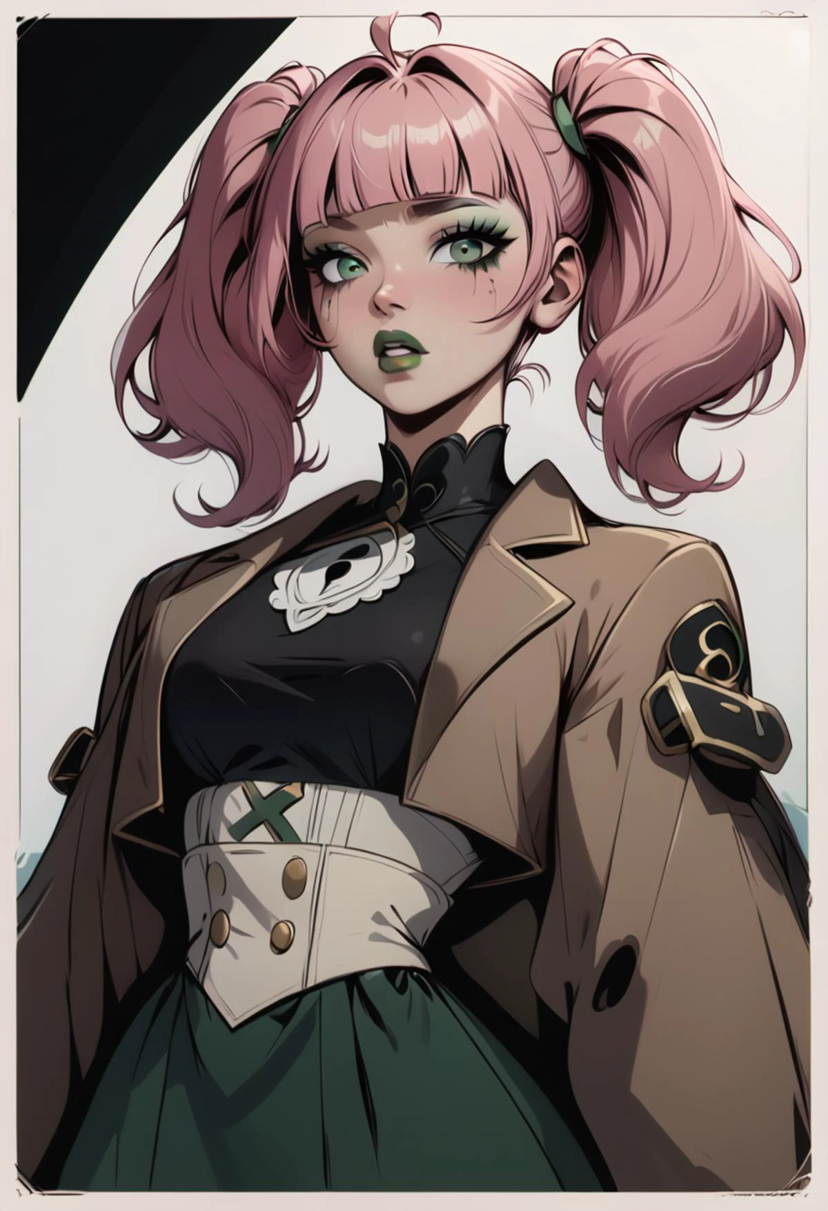 score_9, score_8, score_7, score_6, 1girl, pink hair, double twintails, medium hair, ahoge, diagonal bangs, blunt bangs, green eyes, parted lips, mascara, green lips, eyeshadow, makeup, medium breasts, brown coat, underbust, high waist skirt, <lora:WasurePony:1> <lora:age_slider_v4:0.5> <lora:StS_detail_slider_v1:1.5> <lora:princess_xl_v2:0.4> <lora:OldAnimeStyle_XL_v3:0.4> <lora:Lunas-Blackedwear-Concept-SDXL-A1:0.6> blackedwear,