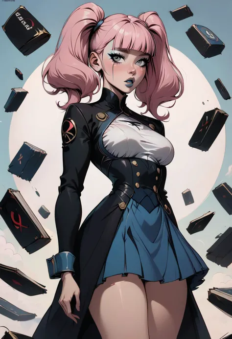 score_9, score_8, score_7, score_6, 1girl, pink hair, double twintails, medium hair, , blunt bangs, gray eyes, parted lips, mascara, blue lips, eyeshadow, makeup, medium breasts, black coat, underbust, high waist skirt, blue skirt, <lora:WasurePony:1> <lora:age_slider_v4:0.5> <lora:StS_detail_slider_v1:1.5> <lora:princess_xl_v2:0.4> <lora:OldAnimeStyle_XL_v3:0.4> <lora:Lunas-Blackedwear-Concept-SDXL-A1:0.6> blackedwear,