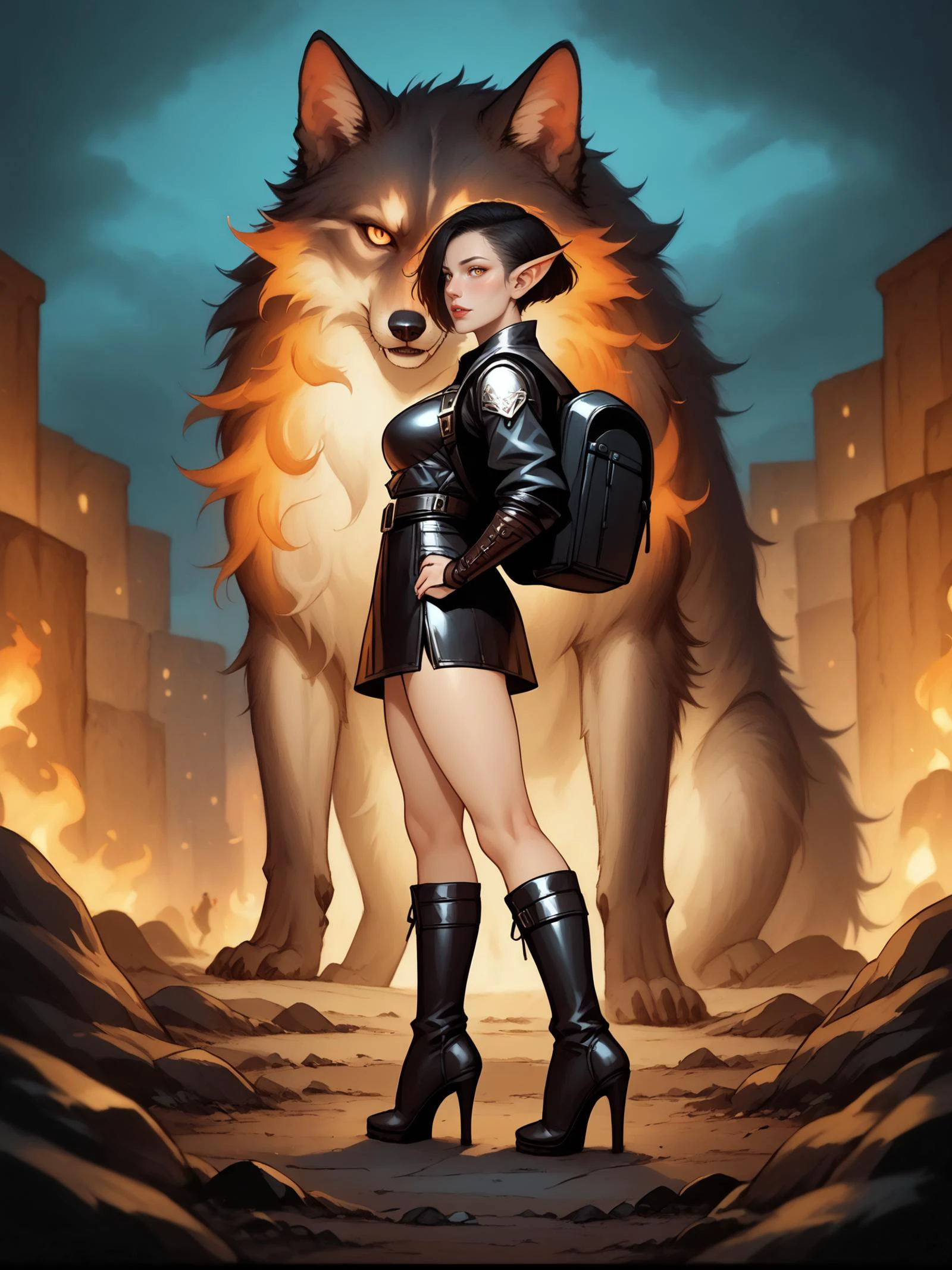 <lora:LevoPony:1>, score_9, score_8_up, score_7_up, 1girl, source_anime, flat colors, source_explicit,photo of wolf and 1girl, on hell, BREAK CONCEPT_Oversized_Animal_ownwaifu:1.7, huge oversized animal, huge demon (wolf), flaming wolf, dark aura, side view, looking at viewer, <lora:PONYXL_CONCEPT_Oversized_Animal_ownwaifu:1.5> ,1girl,teasing, lustful, aibell_sr,sexy, undercut, short hair, medium breasts, leather survival backpack,adventurer gear, leather armor,micro skirt, high heels boots, (belt of potions:1.2), outdoors, hell,cloud, standing, sky, night, <lora:Nobody_AIBell:0.75> , depth of field ,