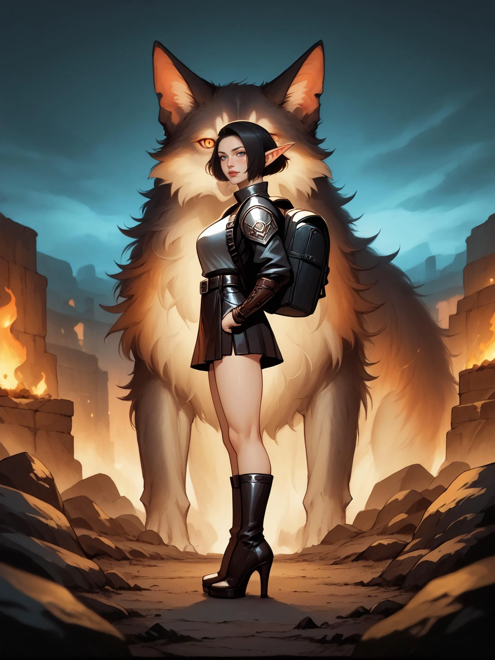 <lora:LevoPony:1>, score_9, score_8_up, score_7_up, 1girl, source_anime, flat colors, source_explicit,photo of wolf and 1girl, on hell, BREAK CONCEPT_Oversized_Animal_ownwaifu:1.7, huge oversized animal, huge demon (wolf), flaming wolf, dark aura, side view, looking at viewer, <lora:PONYXL_CONCEPT_Oversized_Animal_ownwaifu:1.5> ,1girl,teasing, lustful, aibell_sr,sexy, undercut, short hair, medium breasts, leather survival backpack,adventurer gear, leather armor,micro skirt, high heels boots, (belt of potions:1.2), outdoors, hell,cloud, standing, sky, night, <lora:Nobody_AIBell:0.75> , depth of field ,
