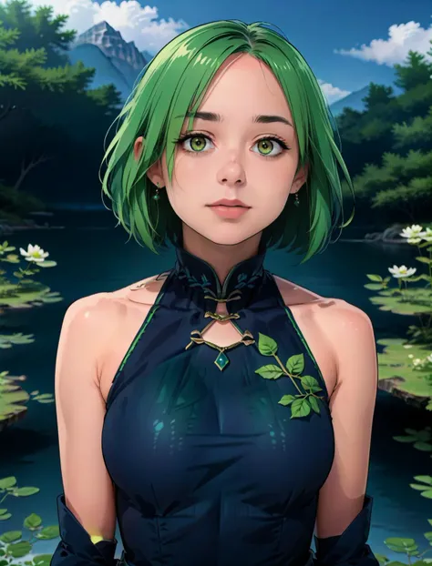 score_9,score_8_up,score_7_up, woman in blue dress with green hair, upperbody <lora:GaimoHentaiPony:1>