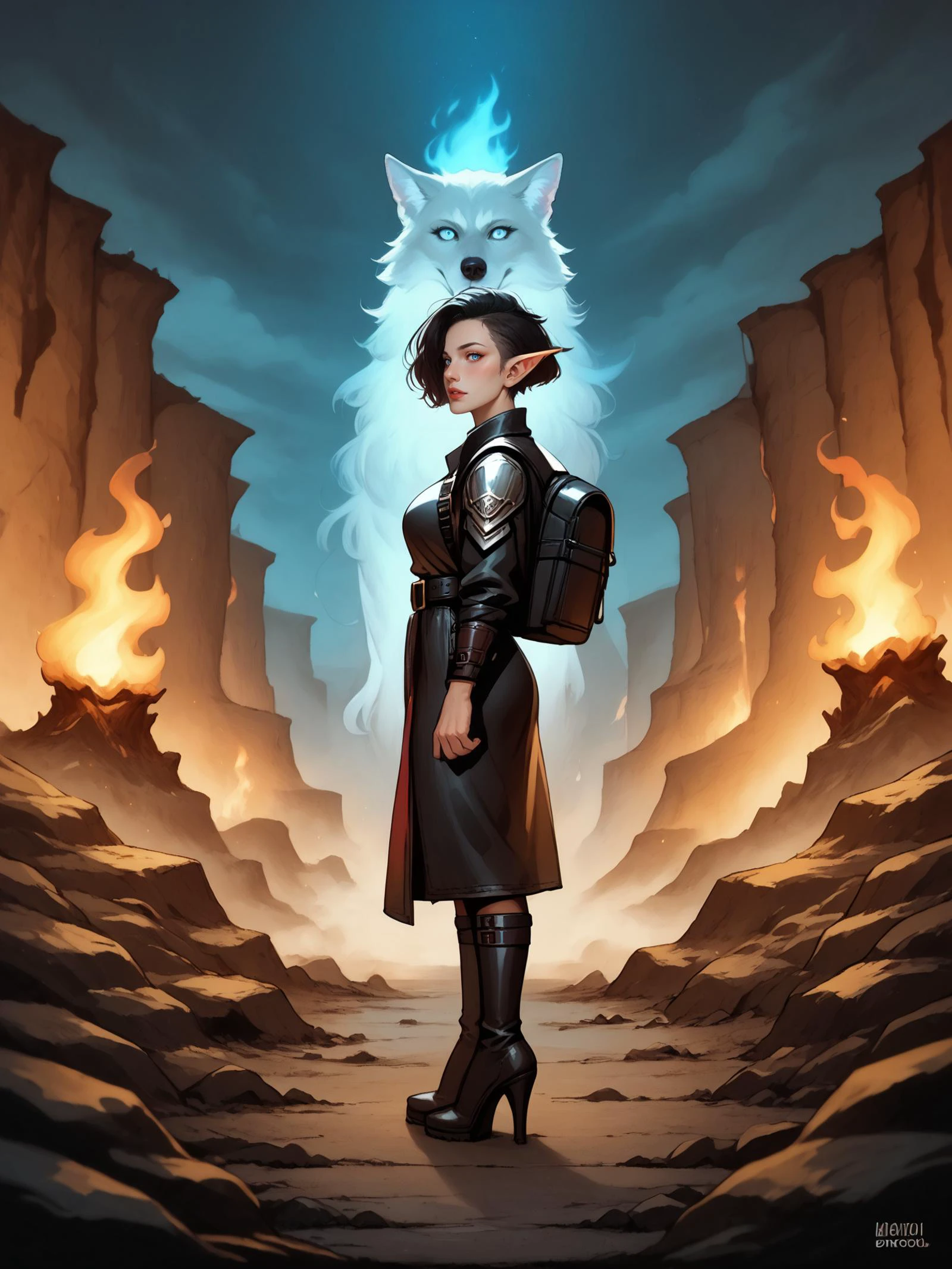<lora:LevoPony:1>, score_9, score_8_up, score_7_up, 1girl, source_anime, flat colors, source_explicit,photo of wolf and 1girl, on hell, BREAK CONCEPT_Oversized_Animal_ownwaifu:1.7, huge oversized animal, huge demon wolf, flaming wolf, dark aura, side view, looking at viewer, <lora:PONYXL_CONCEPT_Oversized_Animal_ownwaifu:1.5> ,BREAK 1girl,teasing, lustful, aibell_sr,sexy, undercut, short hair, leather survival backpack,adventurer gear, leather armor, short pelvic curtain, high heels boots, (belt of potions:1.2), outdoors, hell,cloud, standing, sky, night, <lora:Nobody_AIBell:0.75> , depth of field ,