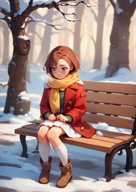 score_9, score_8_up, score_7_up, score_6_up, sensitive, 1girl, solo, blush, short hair, skirt, brown hair, long sleeves, sitting, full body, outdoors, pleated skirt, boots, socks, miniskirt, scarf, coat, fur trim, brown footwear, white skirt, breath, winter clothes, bench, fur-trimmed coat, red coat, yellow scarf
<lora:TrianglePony:1> woman, 1girl