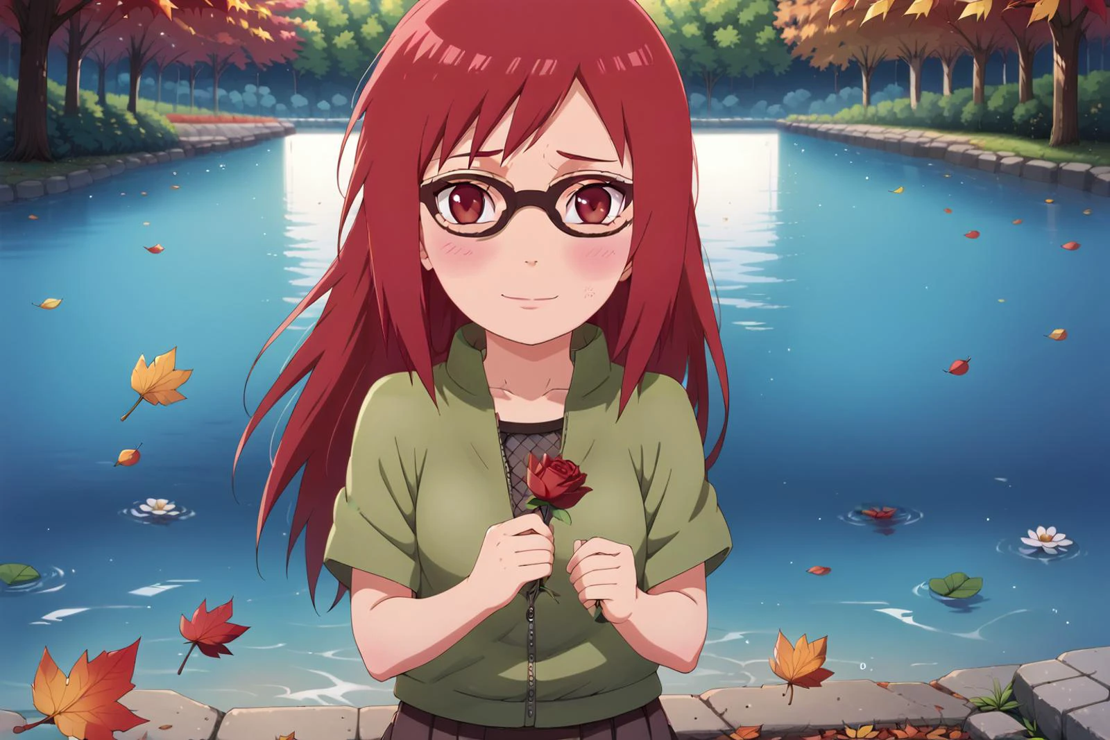 score_9, score_8_up, score_7_up, looking at viewer,
BREAK
colored_narutomanga_ownwaifu, female focus, 1girl, long hair, red hair, spiked hair, karin uzumaki, red eyes, glasses, shy, cute smile, happy, long sleeves, ninja ,
Fishnet top, fishnets, fishnet tights, green jacket zipped, short sleeves, brown skirt, skirt, kusagakure symbol, toeless footwear,
absurd res, perfect image, flower_style:0.8
<lora:PONYXL_NarutoMangaColored_ownwaifu:0.95>, <lora:Karin_genin_Naruto_-_Pony:0.7> <lora:eye_catching:0.9> <lora:princess_xl_v2:1> <lora:flowers_landscape:0.5>
(flowers), ( on the water:1.5),autumn, autumn_leaves, blue_butterfly butterfly, dragonfly, falling_leaves, holding_leaf, leaf, maple_leaf, glowing_butterfly, butterfly_wings, field, flower, leaves_in_wind, orange_theme, <lora:flower_covering_lora01:0.5>
holding flower, long hair, covering, holding, collarbone, rose, red flower, white flower, breasts, standing, leaf, convenient censoring, detailed eyes, Perfect features, (masterpeace, best quality, good quality:1.4), masterpeace, intricate details, <lora:AmaiAnimePony:0.8>