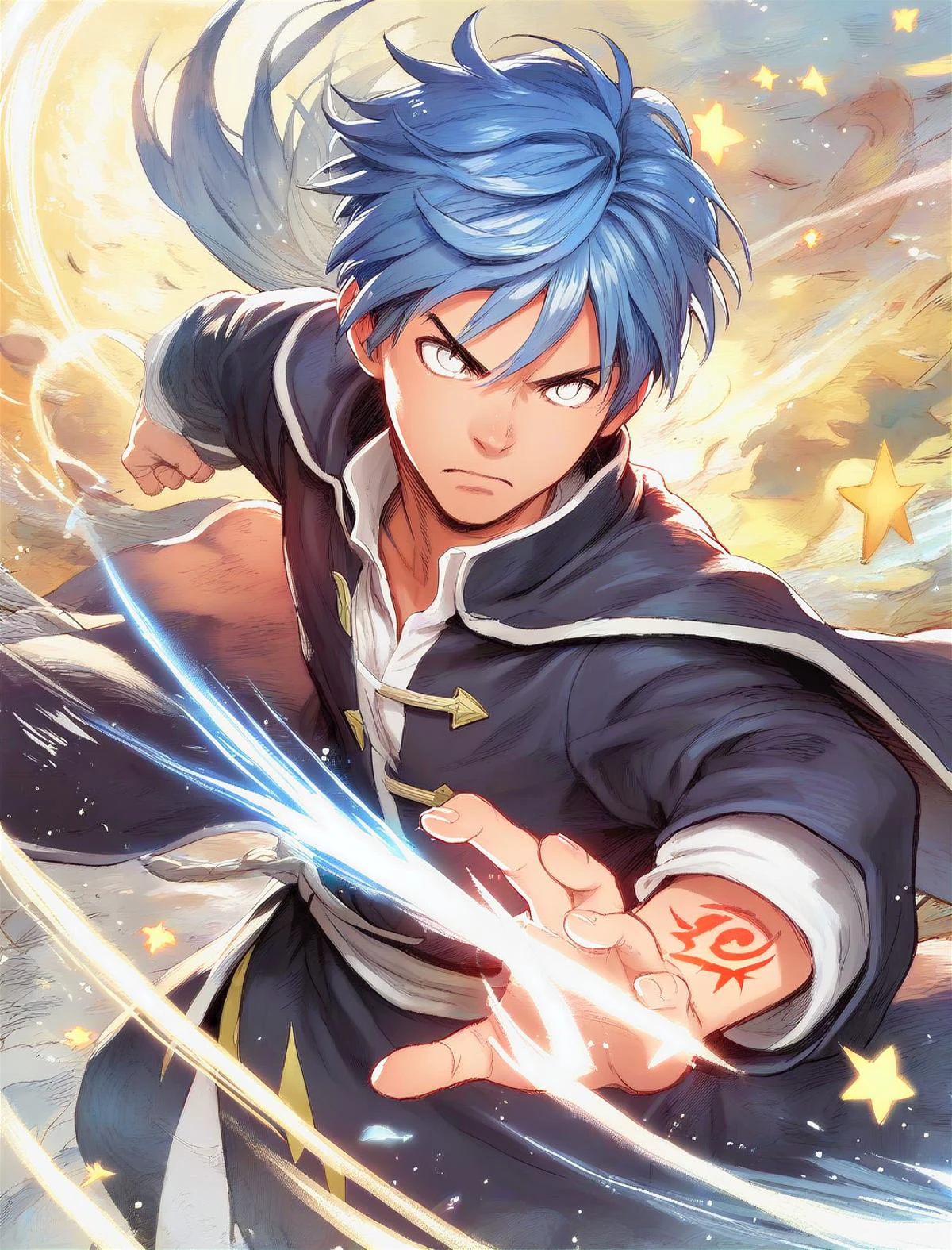 score_9, score_8_up, score_7_up, 1boy, battle mage, blue hair, black robe, command spell, light particles, fighting stance, star \(symbol\), white eyes <lora:ShinbonPony:1>